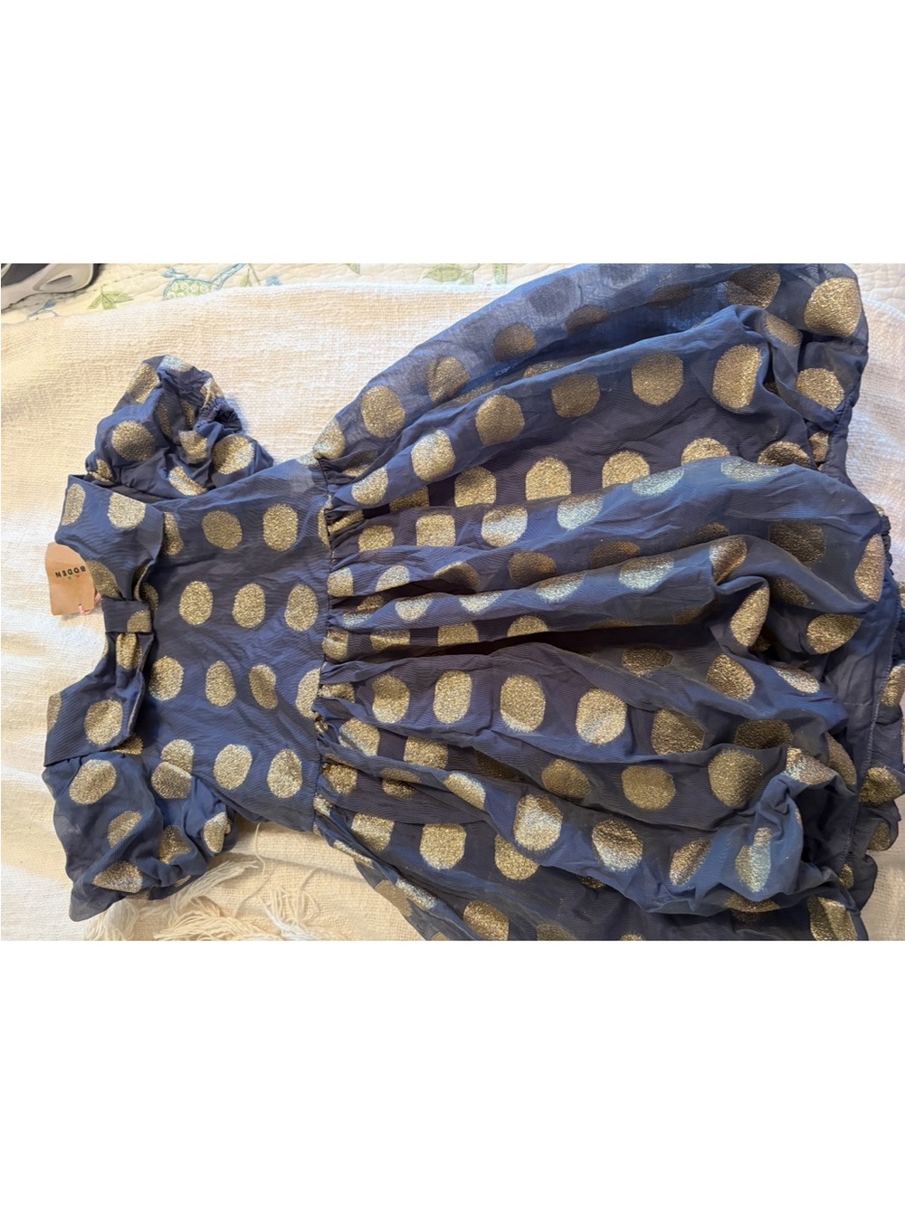 NWT Mini Boden Girls’s Dress with Gold Polka Dots size 6-7